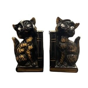 Vintage 1950s Black Gold Ceramic Cat Pen Holders Set of 2 Glazed MCM Decor Japan
